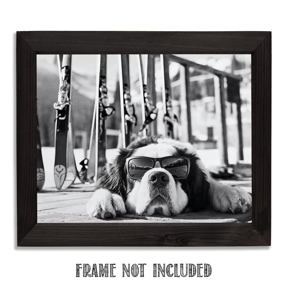 It Was a Long Run St. Bernard with Sunglasses Wall Art Ski Photo 11x14 Unframed Poster – Black & White Dog Ski Resort Print, Winter Sports Skiing Photography, Alpine Vacation Lodge Pet Décor