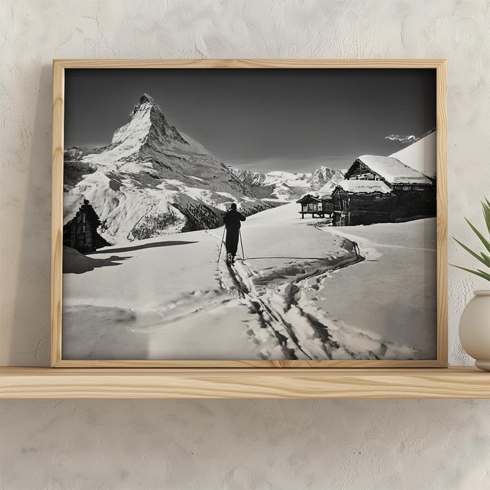 To the Matterhorn Lone Skier Black & White Photo – 11x14 Framed Poster, Swiss Alps Winter Landscape Art, Alpine Skiing Photography, Snowy Mountain Chalet Decor, Ski Lodge, Ski Resort Retro Gift