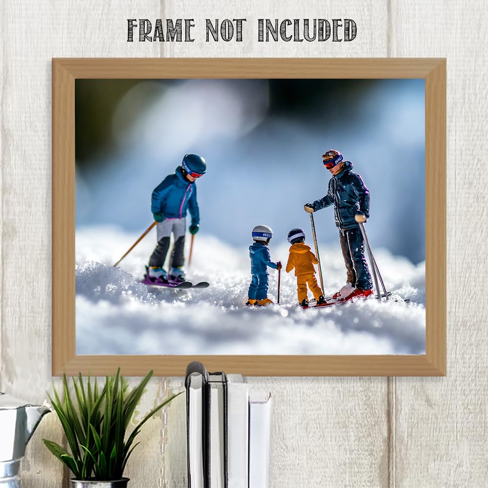 Learning to Ski - Miniature Figures on Snow 11x14 Unframed Print, Fun Winter Sports Art, Tiny Skiers Winter Scene, Skiing Family Poster, Kids Room Decor, Ski Lodge & Cabin Decor, Gift for Skiers
