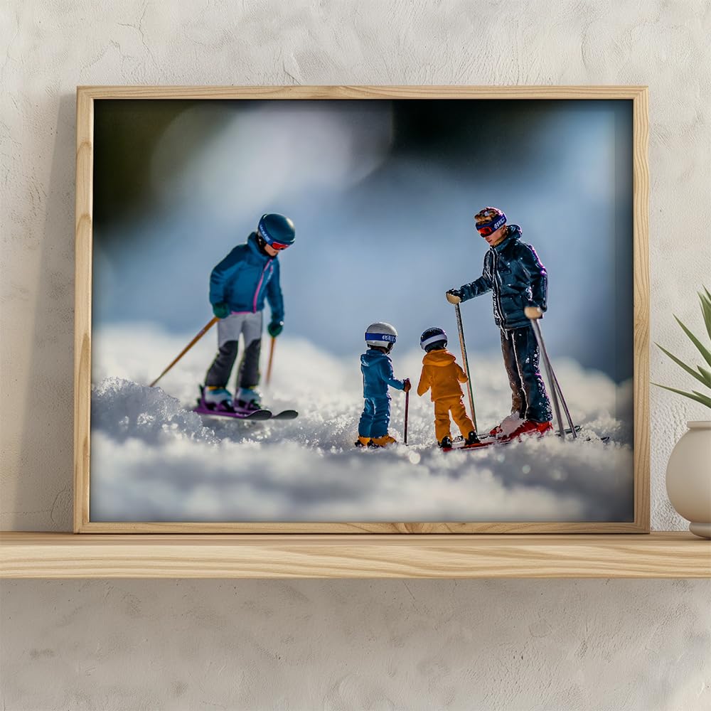 Learning to Ski - Miniature Figures on Snow 11x14 Framed Print, Fun Winter Sports Art, Tiny Skiers Winter Scene, Skiing Family Poster, Kids Room Decor, Ski Lodge & Cabin Decor, Gift for Skiers