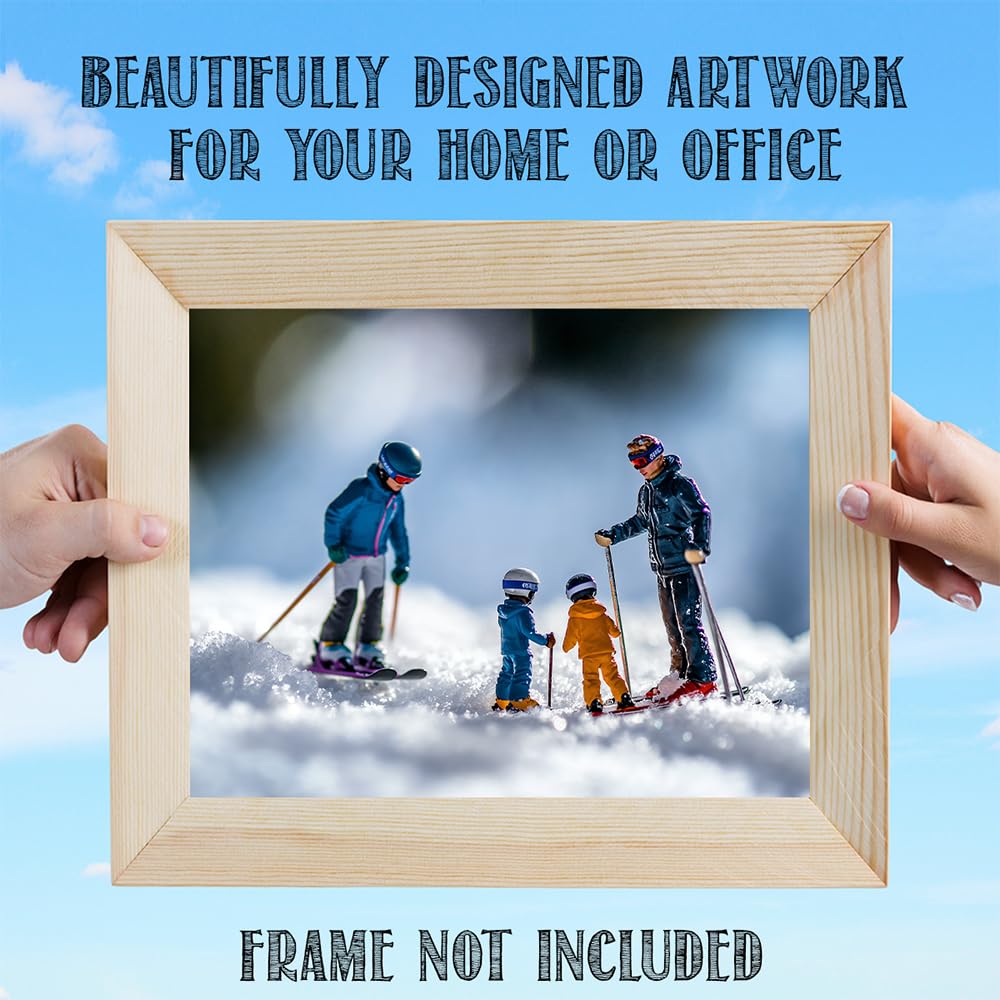 Learning to Ski - Miniature Figures on Snow 11x14 Unframed Print, Fun Winter Sports Art, Tiny Skiers Winter Scene, Skiing Family Poster, Kids Room Decor, Ski Lodge & Cabin Decor, Gift for Skiers
