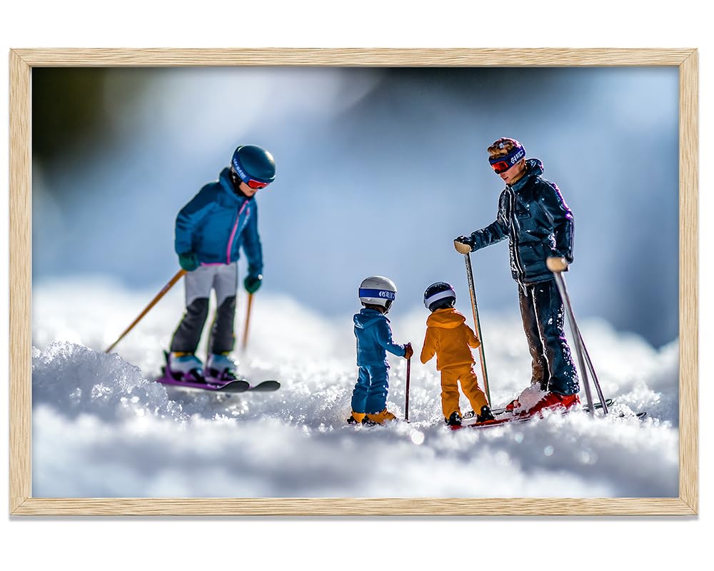 Learning to Ski - Miniature Figures on Snow 11x14 Framed Print, Fun Winter Sports Art, Tiny Skiers Winter Scene, Skiing Family Poster, Kids Room Decor, Ski Lodge & Cabin Decor, Gift for Skiers
