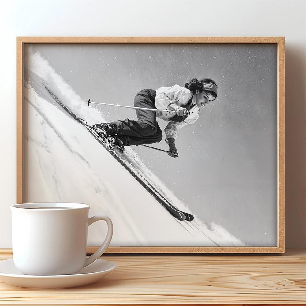Woman Skiing Downhill Photo 11x14 Framed Poster – Black & White Ski Photography, Dynamic Sports Wall Art, Action Shot Of Winter Sports Adventure, Great Monochrome Artwork For Empowerment Dorm Décor