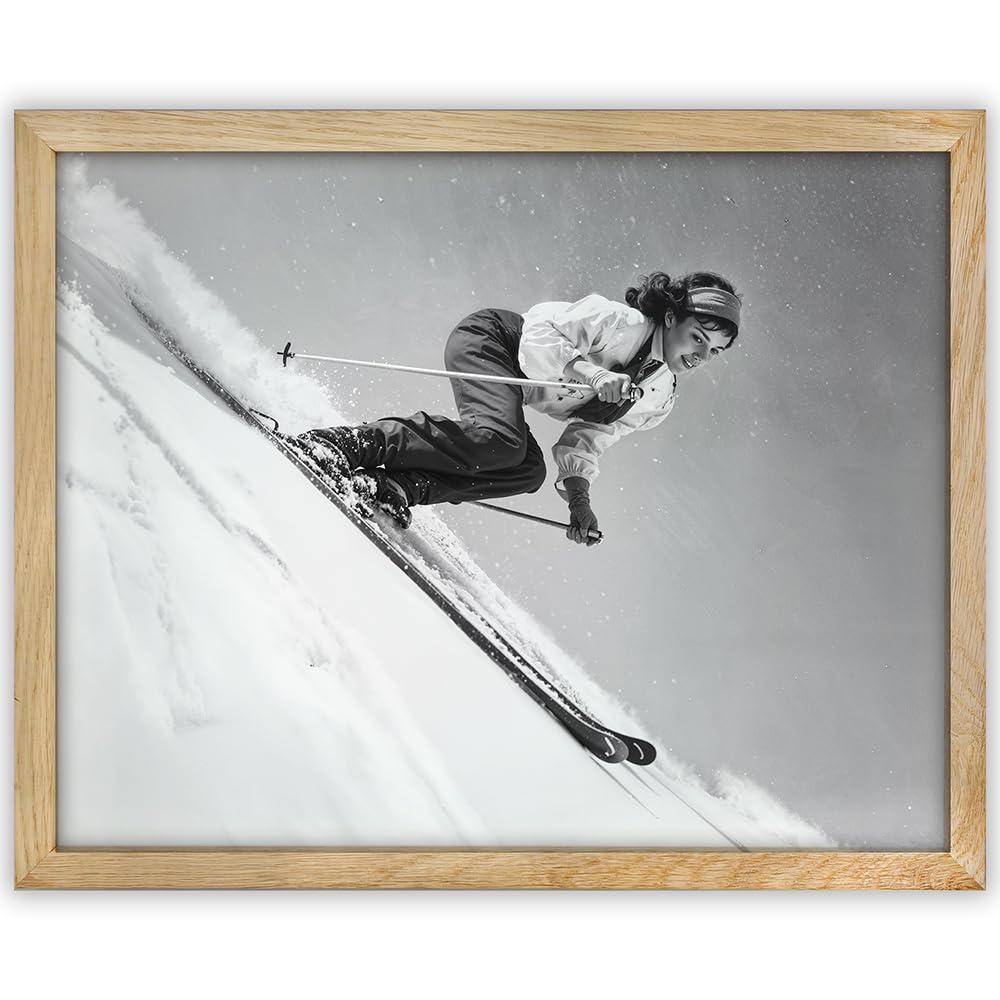 Woman Skiing Downhill Photo 11x14 Framed Poster – Black & White Ski Photography, Dynamic Sports Wall Art, Action Shot Of Winter Sports Adventure, Great Monochrome Artwork For Empowerment Dorm Décor