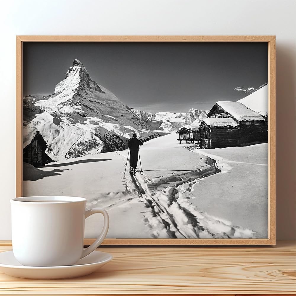 To the Matterhorn Lone Skier Black & White Photo – 11x14 Framed Poster, Swiss Alps Winter Landscape Art, Alpine Skiing Photography, Snowy Mountain Chalet Decor, Ski Lodge, Ski Resort Retro Gift