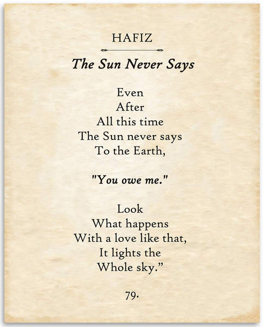 Hafiz - The Sun Never Says - 11x14 Unframed Typography Book Page Print - Great Gift for Poetry Fans and Inspirational Home and Office Decor Under $15