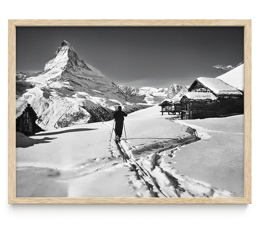 To the Matterhorn Lone Skier Black & White Photo – 11x14 Framed Poster, Swiss Alps Winter Landscape Art, Alpine Skiing Photography, Snowy Mountain Chalet Decor, Ski Lodge, Ski Resort Retro Gift