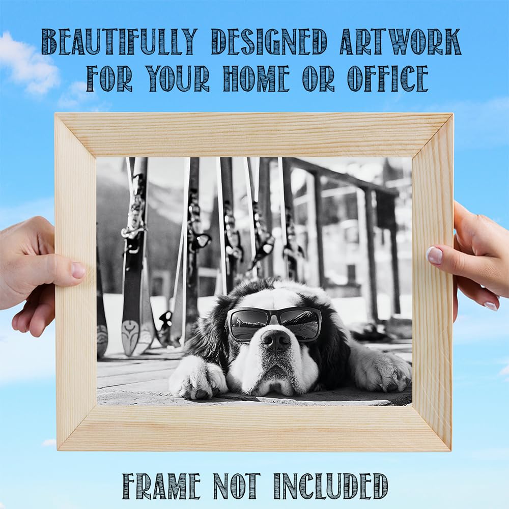 It Was a Long Run St. Bernard with Sunglasses Wall Art Ski Photo 11x14 Unframed Poster – Black & White Dog Ski Resort Print, Winter Sports Skiing Photography, Alpine Vacation Lodge Pet Décor