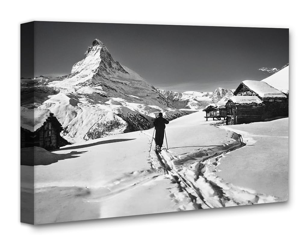 To the Matterhorn Lone Skier Black & White Photo – 11x14 Framed Poster, Swiss Alps Winter Landscape Art, Alpine Skiing Photography, Snowy Mountain Chalet Decor, Ski Lodge, Ski Resort Retro Gift