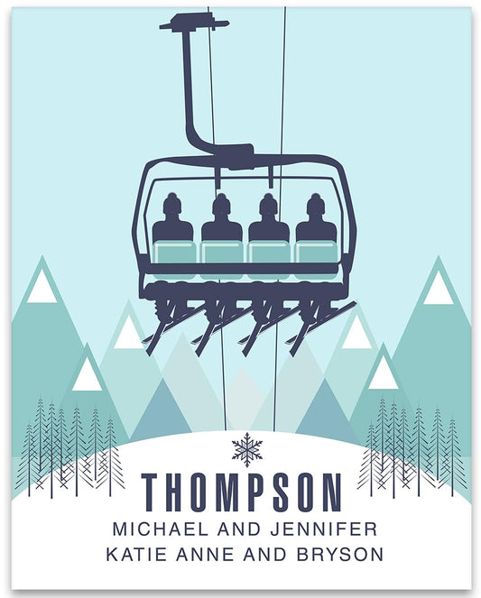 Personalized Minimalist Ski Lift Poster - 11x14 Unframed Poster - Alpine Memories for Ski Chalet Cabin Mountain Lodge - Customized Winter Wall Art for Skiing Enthusiasts - Gift for Siblings or Friends
