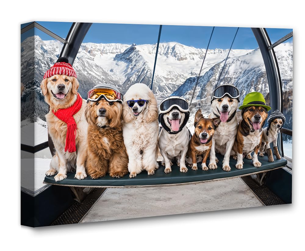 First Chair Ski Lift Dog 11x14 Framed Poster - Winter Dogs Art Print, Funny Skiing Dog Wall Art, Snowy Mountain Dog Decor, Cute Dog Group Poster, Skiing Adventure Dog Art, Dog Lovers Winter Wall Art
