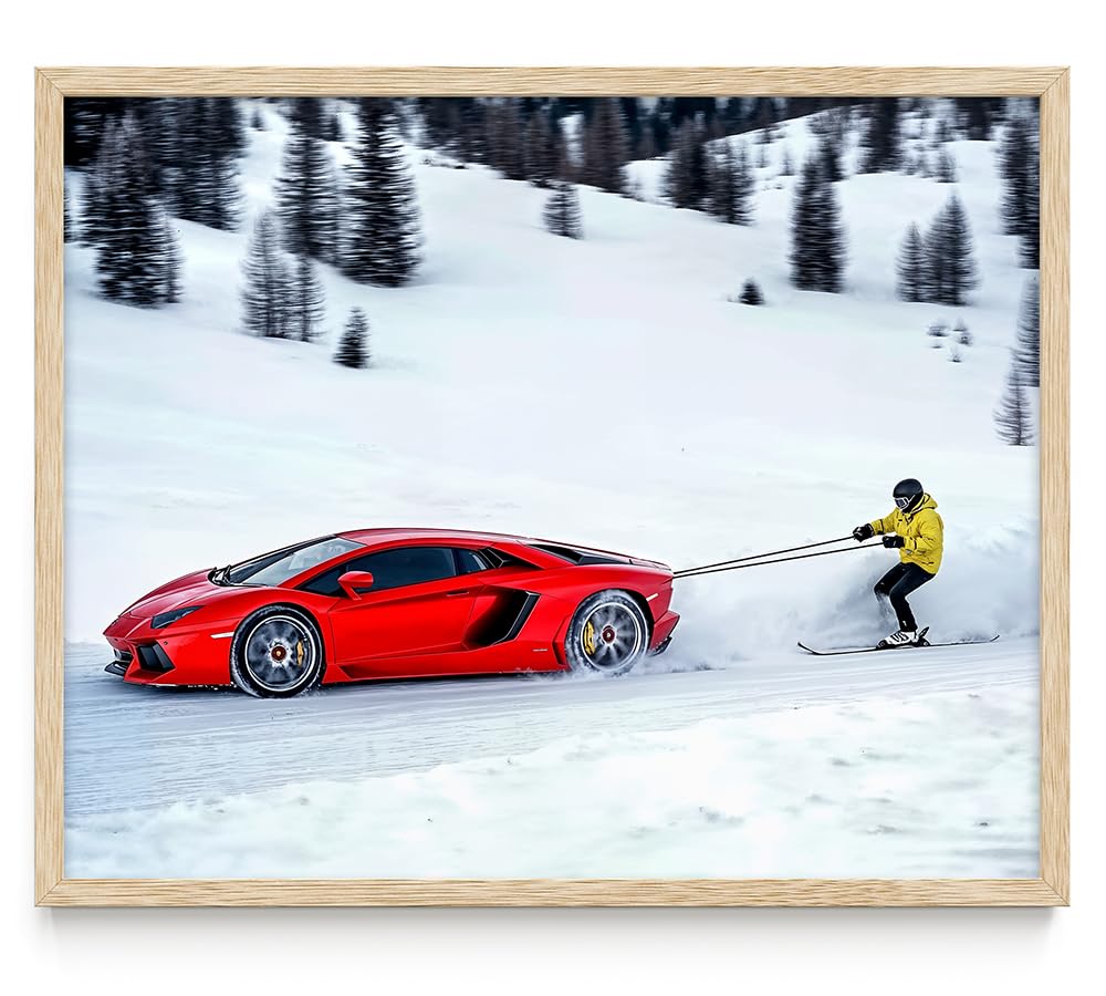 Hold On - Speed and Thrill 11x14 Framed Print, Supercar Poster for Man Cave Decor, Lamborghini Wall Art, Extreme Sports Print, Skiing Adventure Poster, High-Speed Racing, Adrenaline Décor
