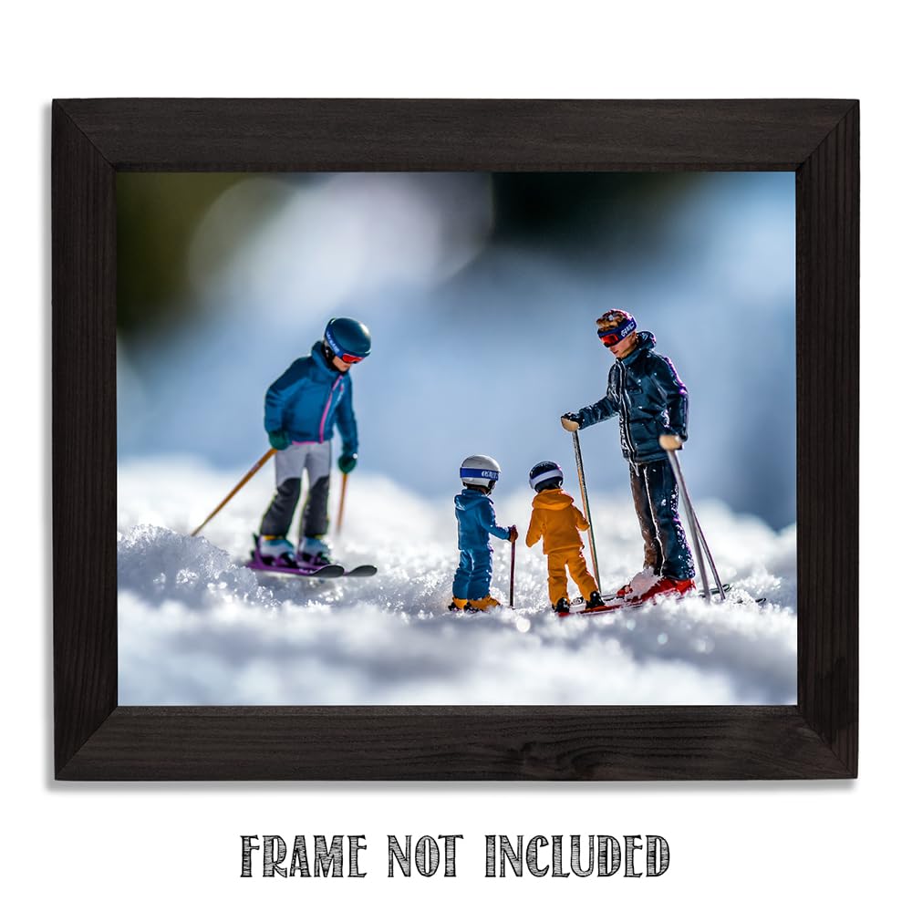 Learning to Ski - Miniature Figures on Snow 11x14 Unframed Print, Fun Winter Sports Art, Tiny Skiers Winter Scene, Skiing Family Poster, Kids Room Decor, Ski Lodge & Cabin Decor, Gift for Skiers