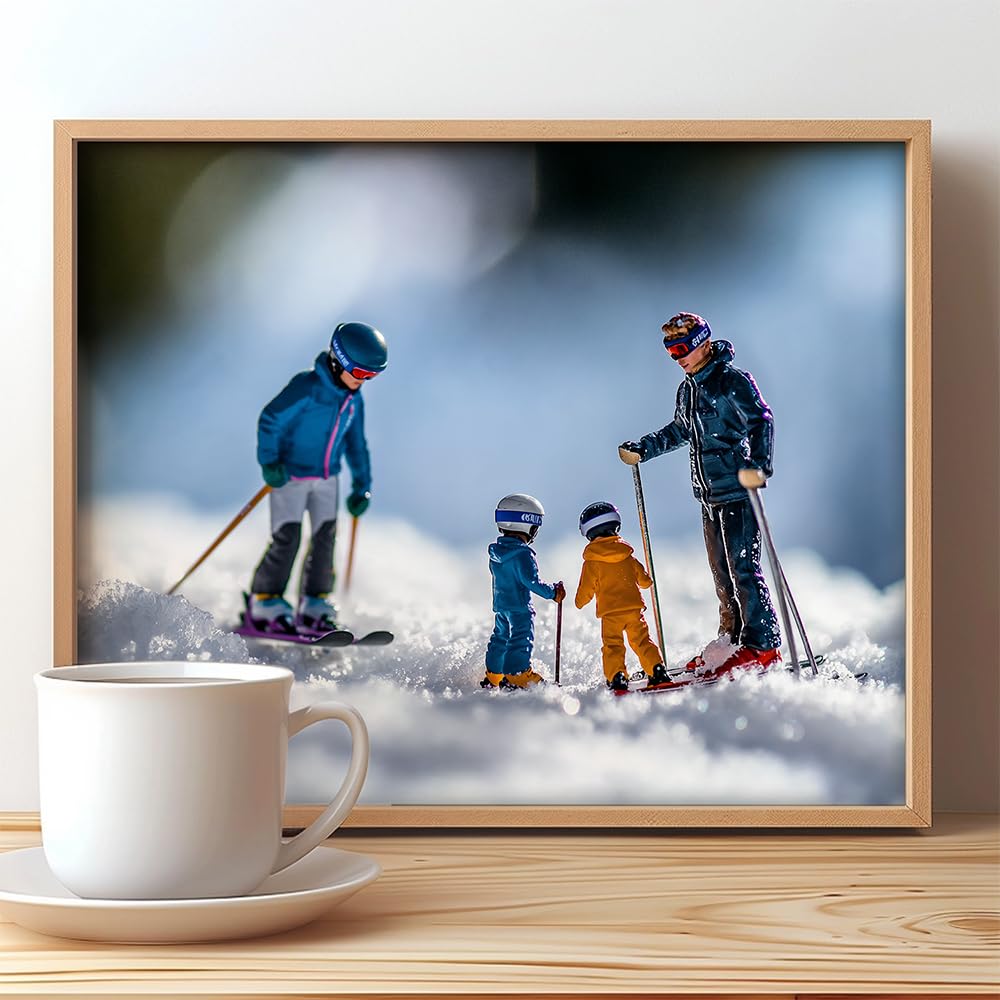 Learning to Ski - Miniature Figures on Snow 11x14 Framed Print, Fun Winter Sports Art, Tiny Skiers Winter Scene, Skiing Family Poster, Kids Room Decor, Ski Lodge & Cabin Decor, Gift for Skiers