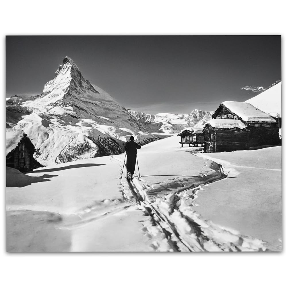 To the Matterhorn Lone Skier Black & White Photo – 11x14 Framed Poster, Swiss Alps Winter Landscape Art, Alpine Skiing Photography, Snowy Mountain Chalet Decor, Ski Lodge, Ski Resort Retro Gift