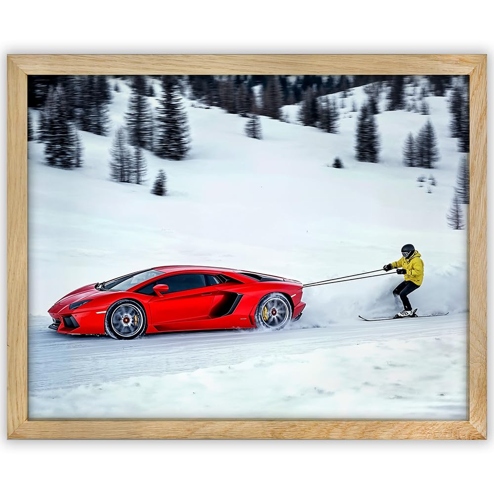 Hold On - Speed and Thrill 11x14 Framed Print, Supercar Poster for Man Cave Decor, Lamborghini Wall Art, Extreme Sports Print, Skiing Adventure Poster, High-Speed Racing, Adrenaline Décor