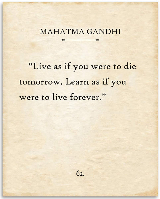 Mahatma Gandhi - Live As If You Were to Die Tomorrow - Classic Book Pages Wall Decor, Inspirational and Motivational Life Famous Quote Gift, 11x14 Unframed Typography Art Print Vintage Poster