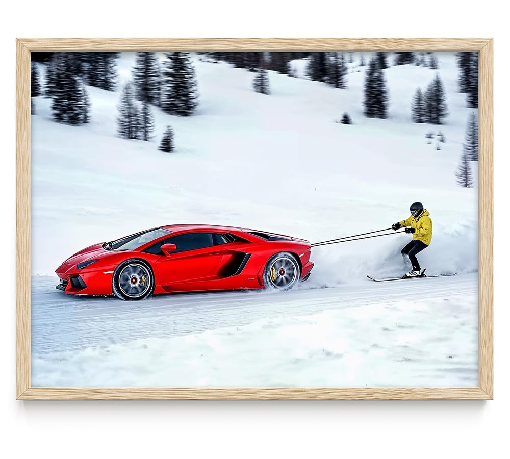 Hold On - Speed and Thrill 11x14 Framed Print, Supercar Poster for Man Cave Decor, Lamborghini Wall Art, Extreme Sports Print, Skiing Adventure Poster, High-Speed Racing, Adrenaline Décor