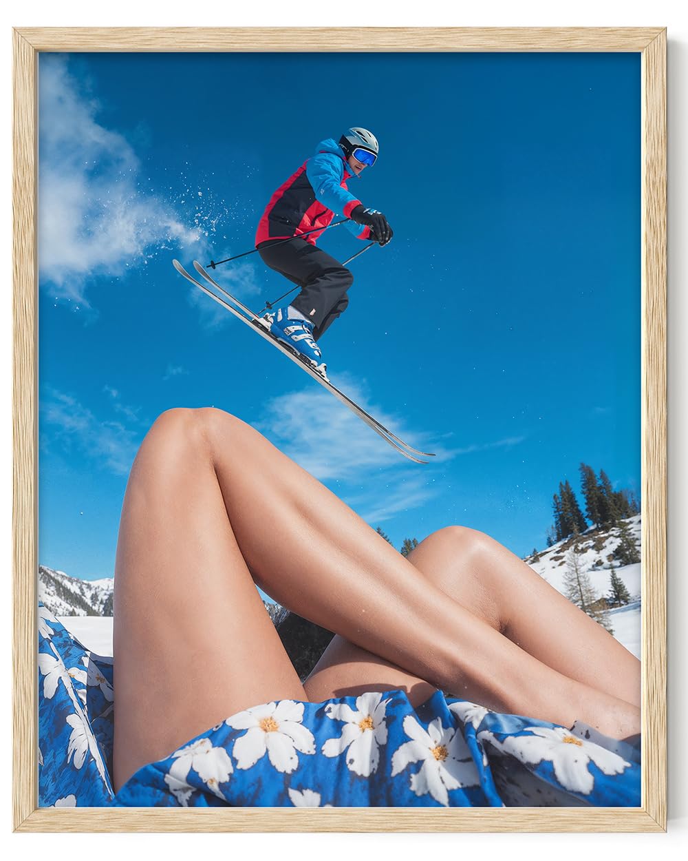 The Perfect Slope 11x14 Framed Poster - Ski Jump & Summer Contrast, Winter Adventure Sports Photography, Skiing Action with Blue Floral Dress, Juxtaposed Seasons, Modern Ski Resort Lodge Travel Décor