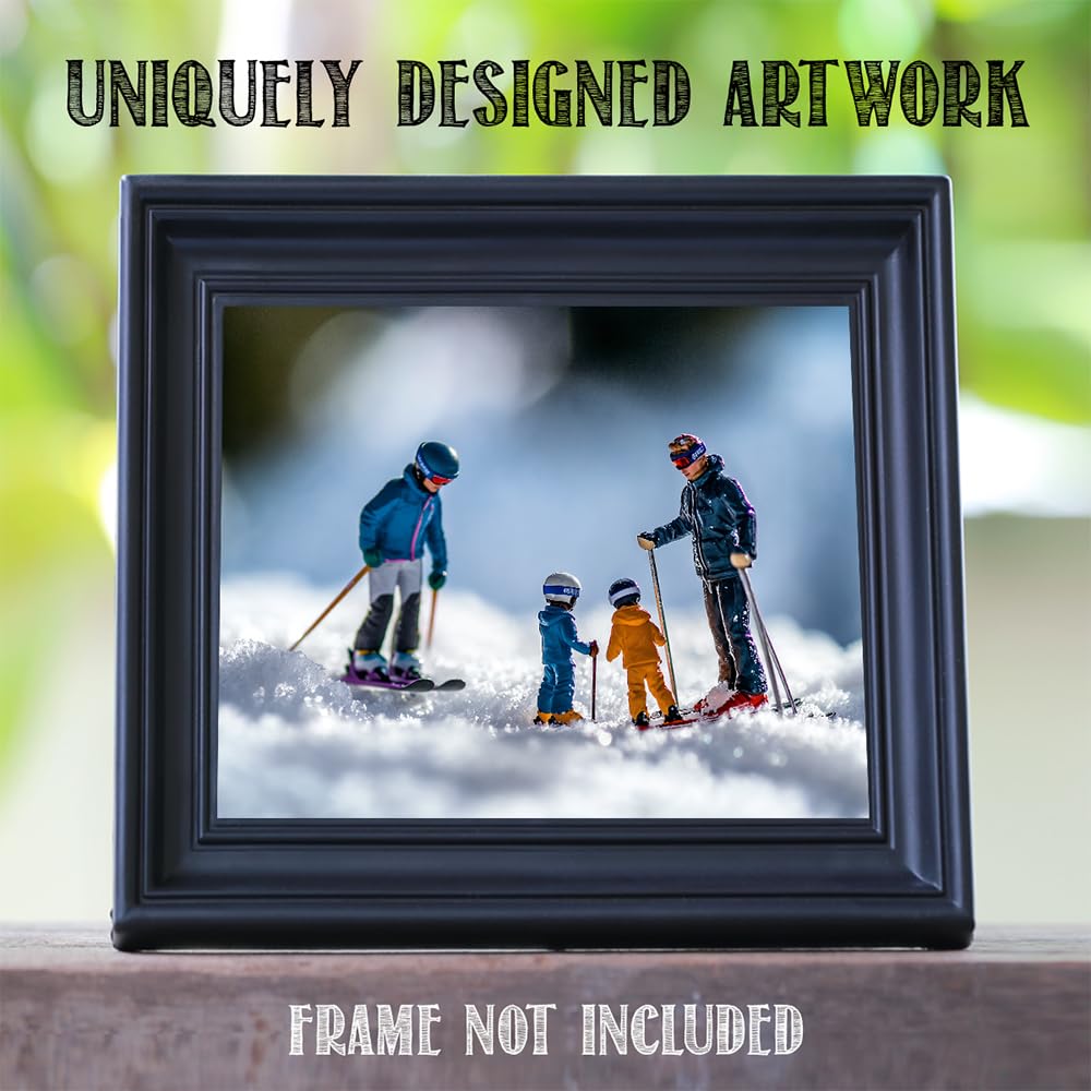 Learning to Ski - Miniature Figures on Snow 11x14 Unframed Print, Fun Winter Sports Art, Tiny Skiers Winter Scene, Skiing Family Poster, Kids Room Decor, Ski Lodge & Cabin Decor, Gift for Skiers
