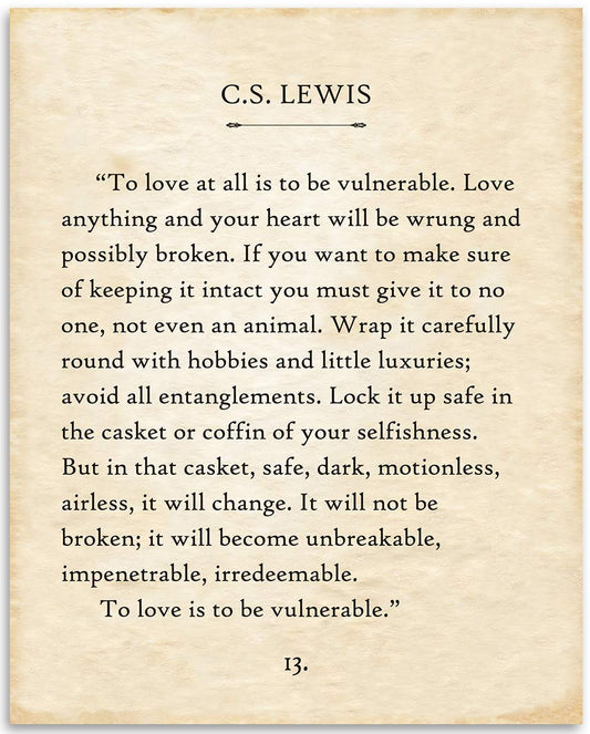 CS Lewis - To Love At All Is To Be Vulnerable - 11x14 Unframed Typography Book Page Print - Great Decor and Gift for Book and Literary Art Fans Under $15