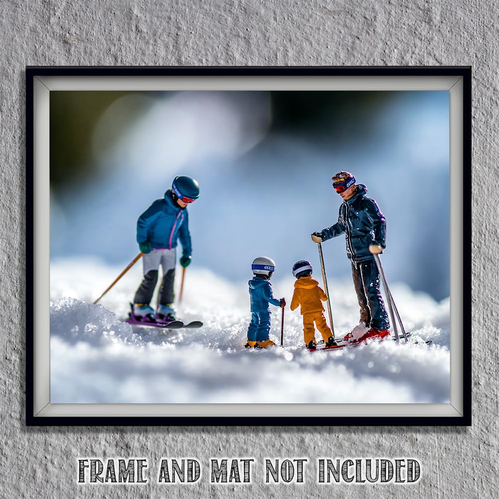 Learning to Ski - Miniature Figures on Snow 11x14 Unframed Print, Fun Winter Sports Art, Tiny Skiers Winter Scene, Skiing Family Poster, Kids Room Decor, Ski Lodge & Cabin Decor, Gift for Skiers