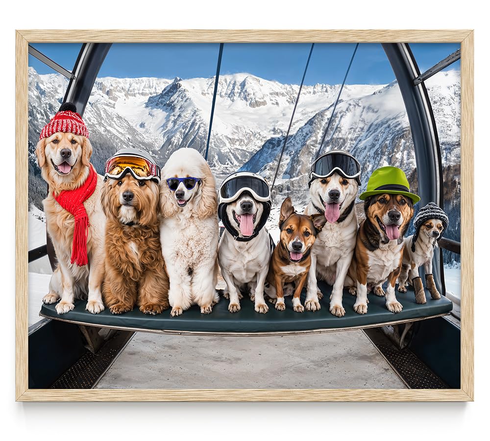 First Chair Ski Lift Dog 11x14 Framed Poster - Winter Dogs Art Print, Funny Skiing Dog Wall Art, Snowy Mountain Dog Decor, Cute Dog Group Poster, Skiing Adventure Dog Art, Dog Lovers Winter Wall Art