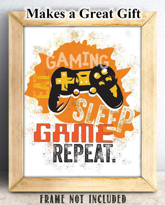 Eat Sleep Game Repeat Art Print - Video Gamers Wall Posters, Great Teen Game Room Decor, Modern Gaming Gifts for Boys and Girls, 11x14 Unframed Typography Print Poster