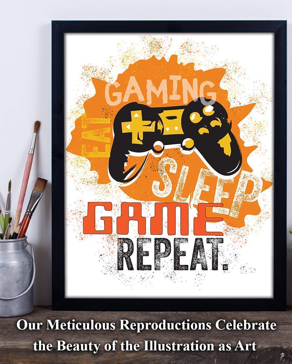 Eat Sleep Game Repeat Art Print - Video Gamers Wall Posters, Great Teen Game Room Decor, Modern Gaming Gifts for Boys and Girls, 11x14 Unframed Typography Print Poster