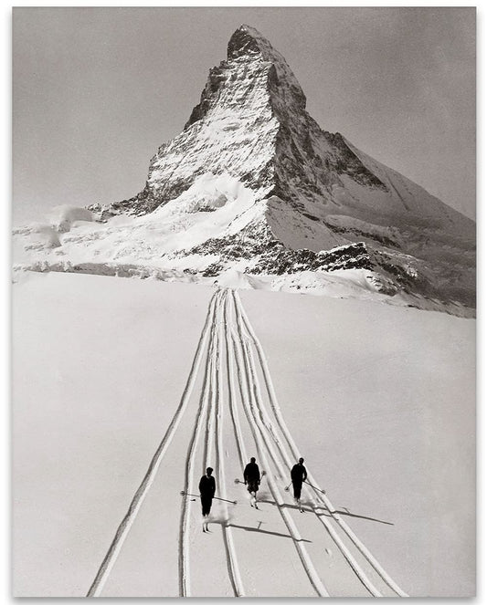 Skiing Matterhorn - 11x14 Unframed Art Print Poster - Great Vintage Black and White Photo Gift and Decor for Ski Lodge and Mountain Cabin