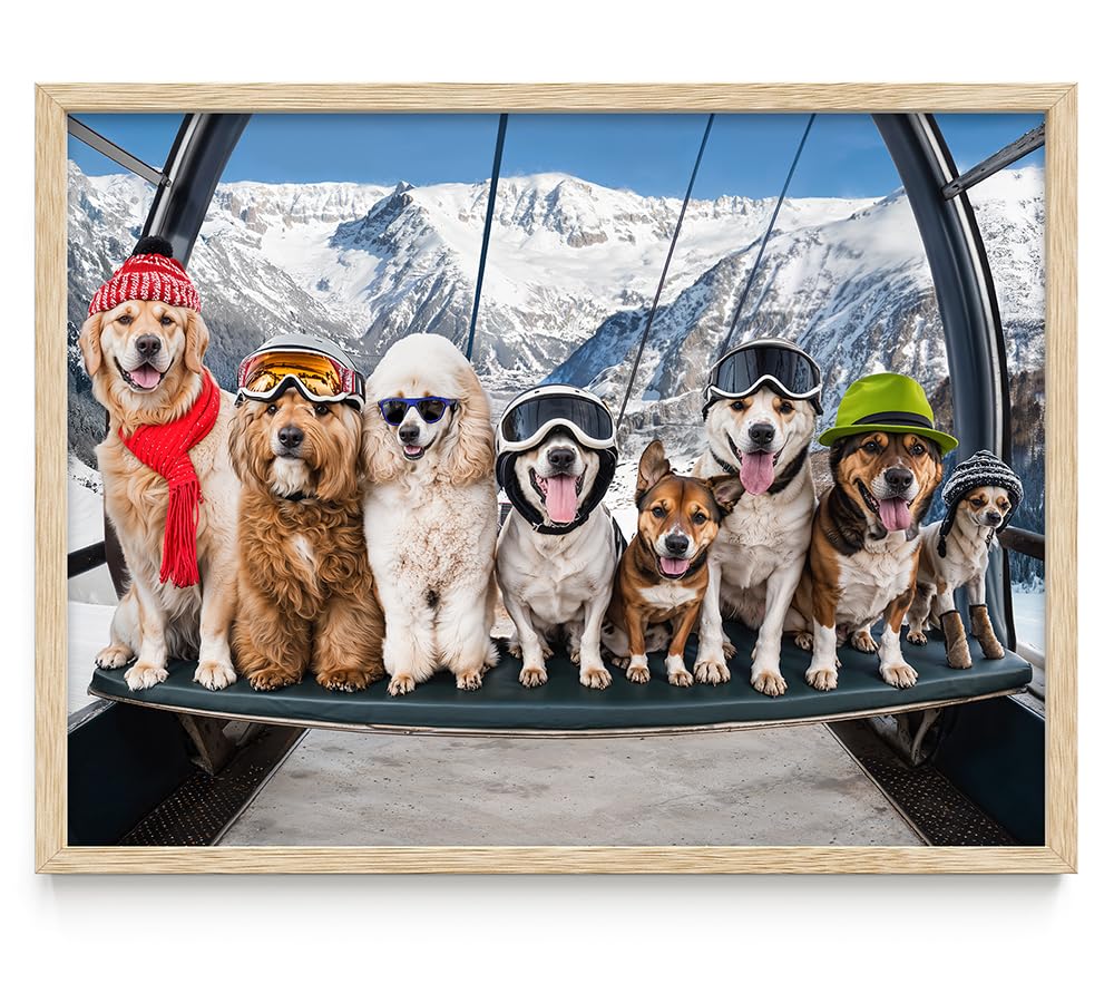 First Chair Ski Lift Dog 11x14 Framed Poster - Winter Dogs Art Print, Funny Skiing Dog Wall Art, Snowy Mountain Dog Decor, Cute Dog Group Poster, Skiing Adventure Dog Art, Dog Lovers Winter Wall Art