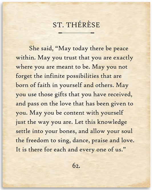 St Therese - May Today There Be Peace - 11x14 Unframed Typography Book Page Print - Great Inspirational and Motivational Gift and Decor for Home and Office Under $15