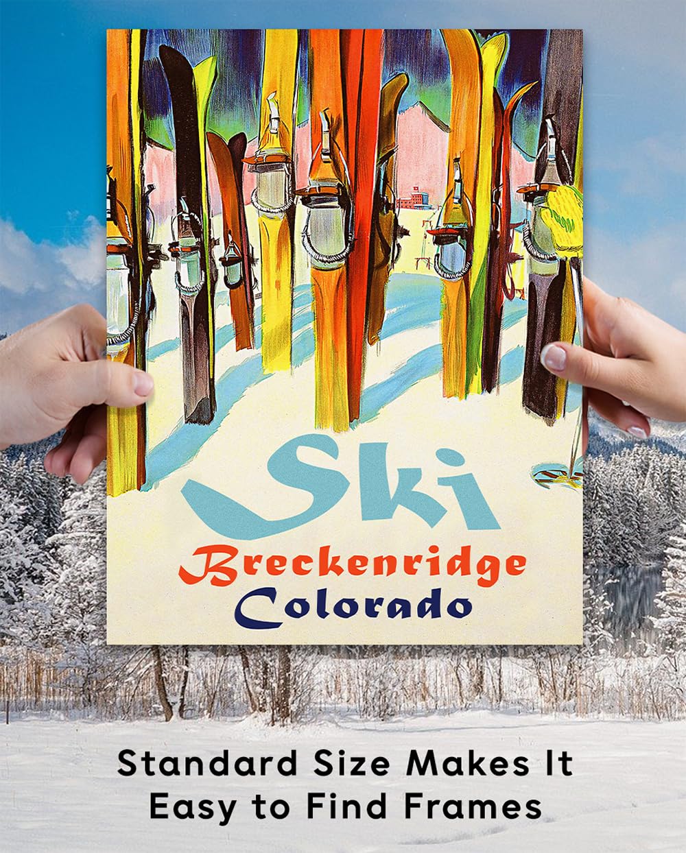 Personalized Ski Art Painting 11x14 Unframed Poster – Retro Ski Resort Wall Decor, Lake Tahoe Chalet & Lodge Artwork, Mid-Century Sports Skiing, Rustic Wooden Skis & Snow Landscape