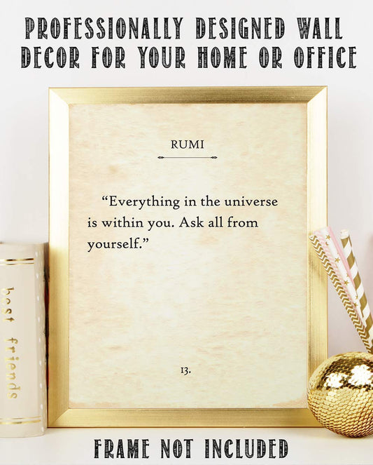Rumi - Everything In The Universe - Positive Vibes Affirmations, Motivational Poem Print Poster for Bedroom, Antique Book Page Gift for Book Lovers, 11x14 Unframed Typography Art Print Poster