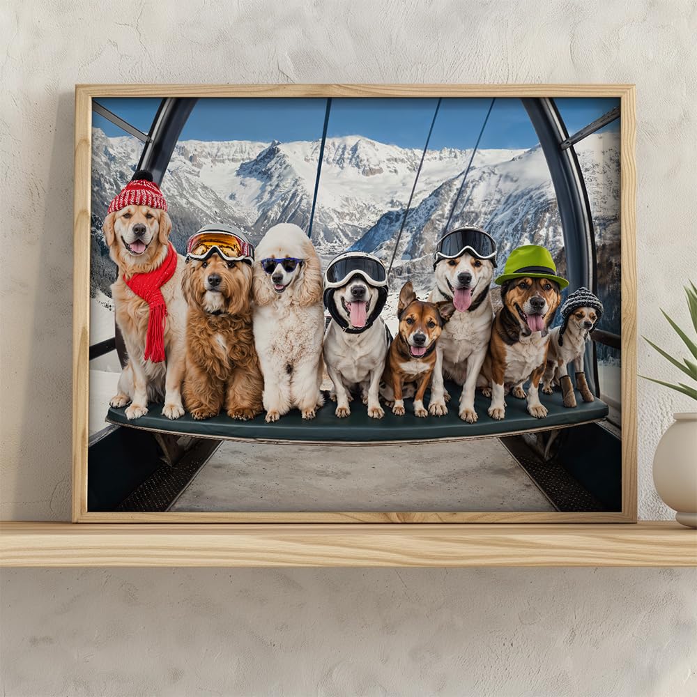 First Chair Ski Lift Dog 11x14 Framed Poster - Winter Dogs Art Print, Funny Skiing Dog Wall Art, Snowy Mountain Dog Decor, Cute Dog Group Poster, Skiing Adventure Dog Art, Dog Lovers Winter Wall Art