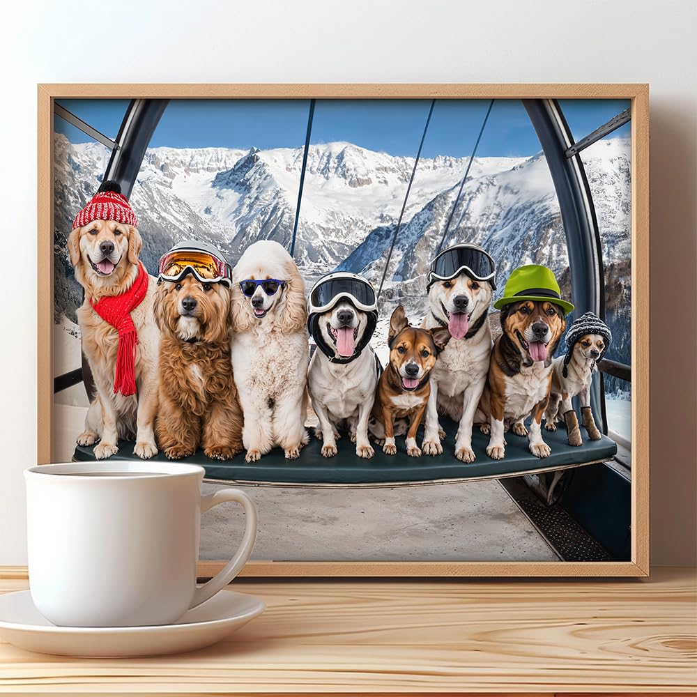 First Chair Ski Lift Dog 11x14 Framed Poster - Winter Dogs Art Print, Funny Skiing Dog Wall Art, Snowy Mountain Dog Decor, Cute Dog Group Poster, Skiing Adventure Dog Art, Dog Lovers Winter Wall Art