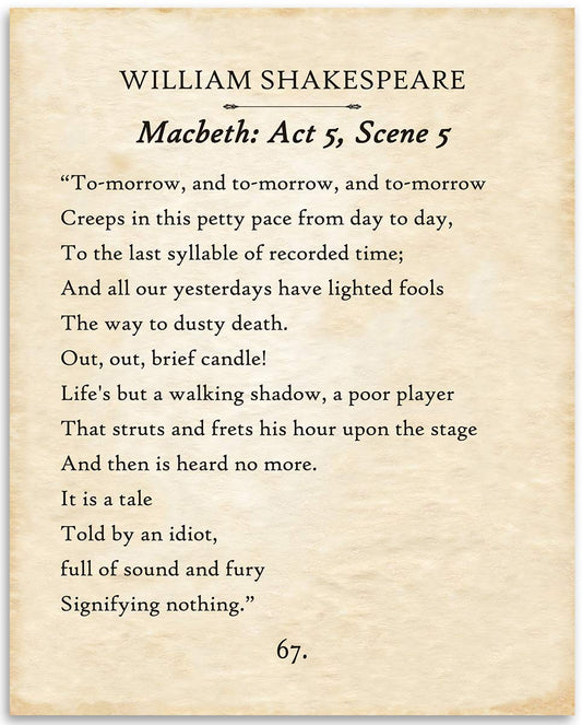 William Shakespeare - Macbeth - Tomorrow and Tomorrow - Classic Drama Poster Print for Home, Office and Theater Decor, Perfect for Literary and Theater Fans, 11x14 Unframed Typography Book Page Print