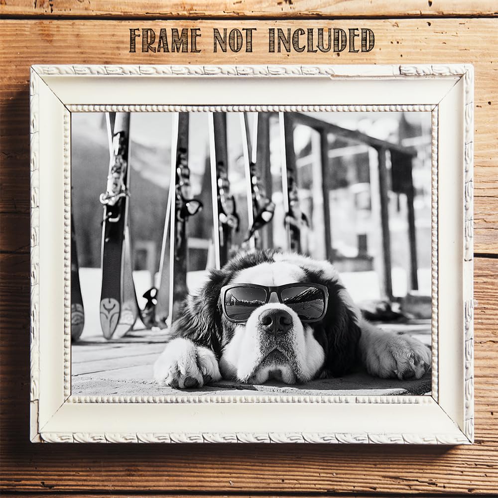 It Was a Long Run St. Bernard with Sunglasses Wall Art Ski Photo 11x14 Unframed Poster – Black & White Dog Ski Resort Print, Winter Sports Skiing Photography, Alpine Vacation Lodge Pet Décor
