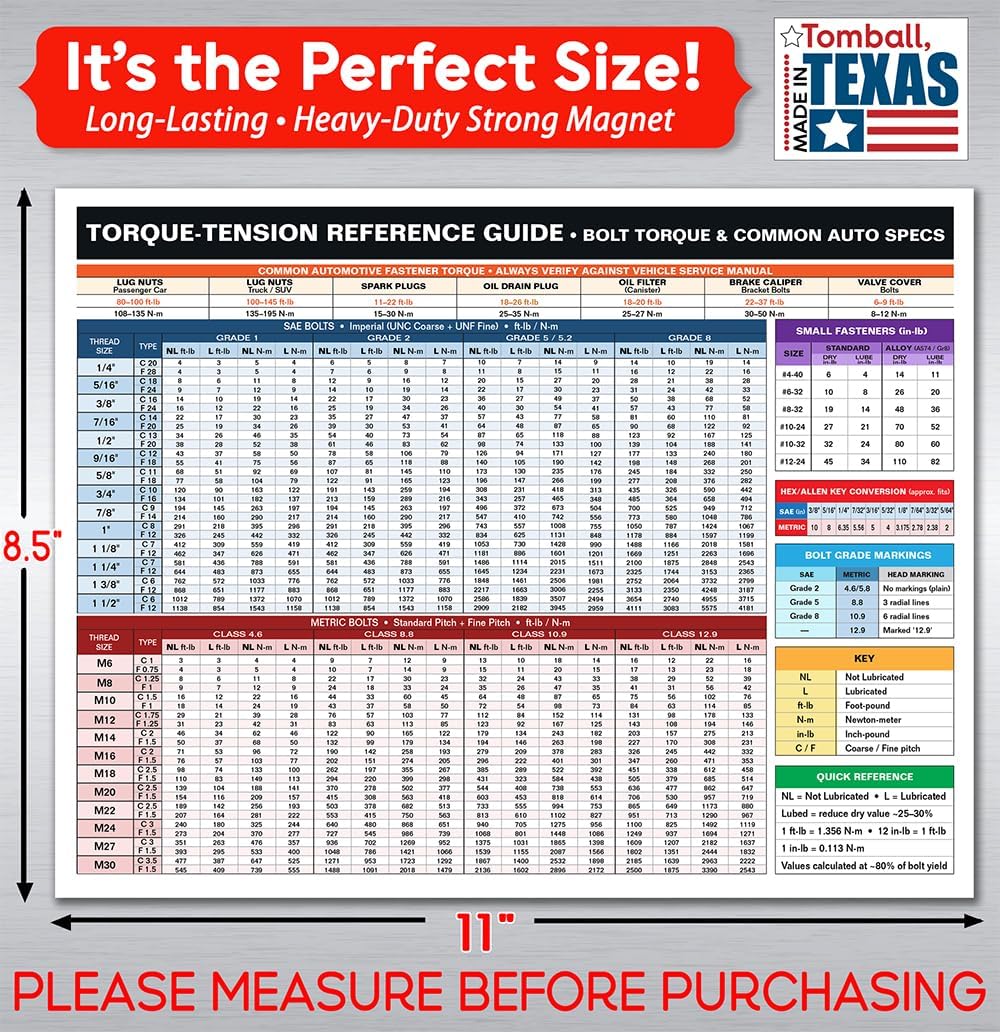 Lone Star Art Torque-Tension Reference Guide Magnet 8.5x11 Bolt Torque Chart Auto Specs for Tool Box Garage Workshop Mechanic Shop Cabinet Fastener Lookup Automotive Repair Accessory (Pack of 1)