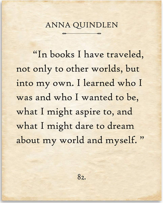 Anna Quindlen - In Books I Have Traveled - Great Home School and Library Decor, Classic Literary Book Page Poster, Literature Inspirational Book Lovers Gifts, 11x14 Unframed Typography Print Poster