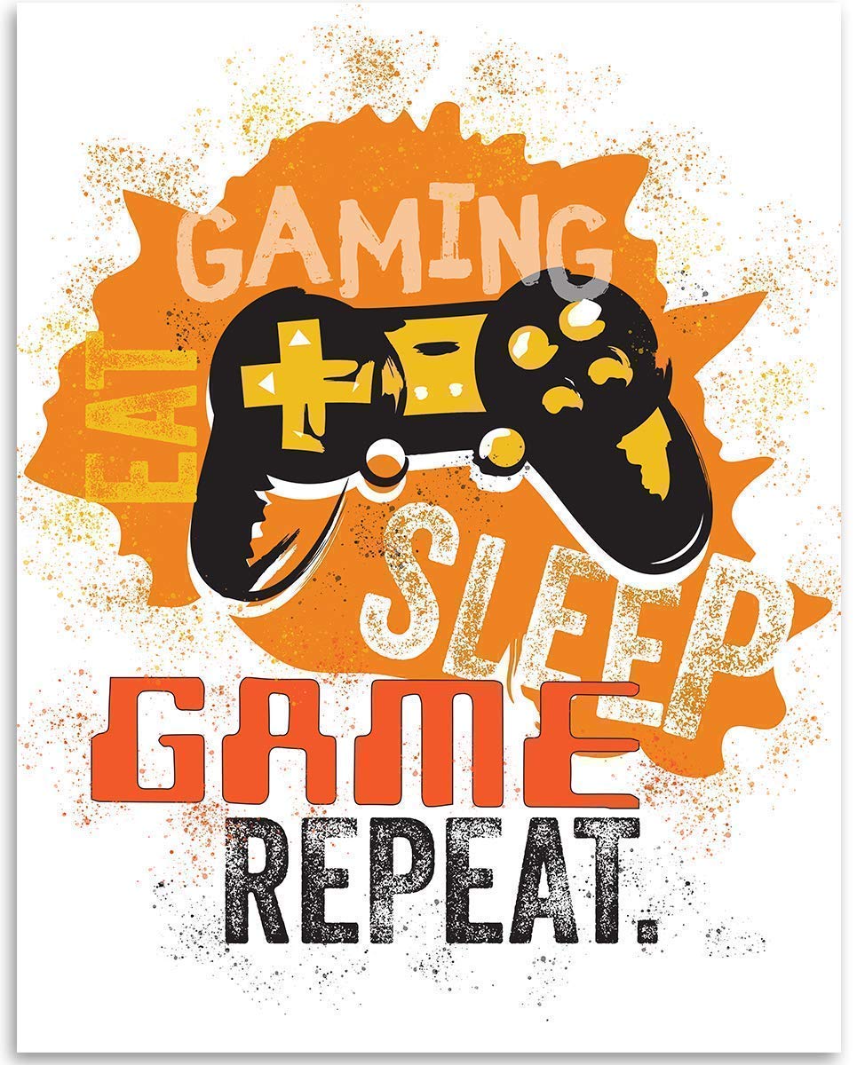 Eat Sleep Game Repeat Art Print - Video Gamers Wall Posters, Great Teen Game Room Decor, Modern Gaming Gifts for Boys and Girls, 11x14 Unframed Typography Print Poster