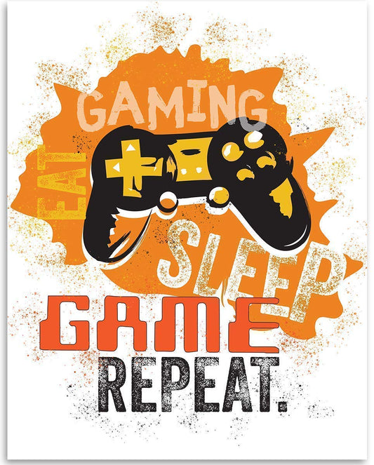 Eat Sleep Game Repeat Art Print - Video Gamers Wall Posters, Great Teen Game Room Decor, Modern Gaming Gifts for Boys and Girls, 11x14 Unframed Typography Print Poster