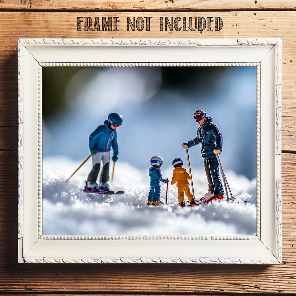 Learning to Ski - Miniature Figures on Snow 11x14 Unframed Print, Fun Winter Sports Art, Tiny Skiers Winter Scene, Skiing Family Poster, Kids Room Decor, Ski Lodge & Cabin Decor, Gift for Skiers