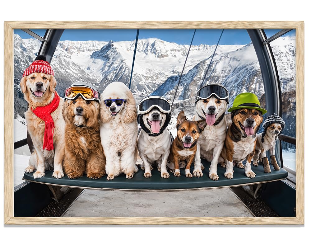 First Chair Ski Lift Dog 11x14 Framed Poster - Winter Dogs Art Print, Funny Skiing Dog Wall Art, Snowy Mountain Dog Decor, Cute Dog Group Poster, Skiing Adventure Dog Art, Dog Lovers Winter Wall Art