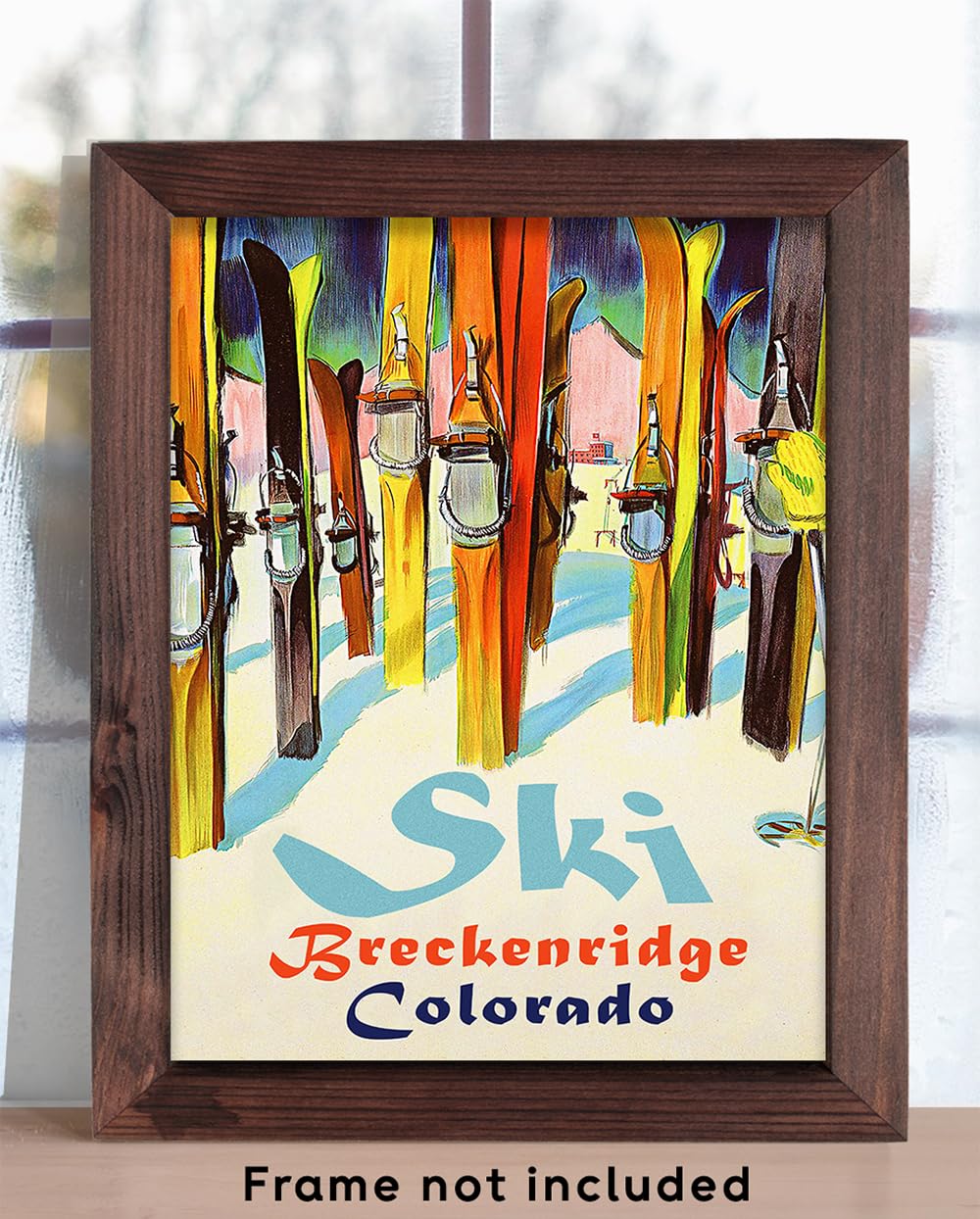 Personalized Ski Art Painting 11x14 Unframed Poster – Retro Ski Resort Wall Decor, Lake Tahoe Chalet & Lodge Artwork, Mid-Century Sports Skiing, Rustic Wooden Skis & Snow Landscape