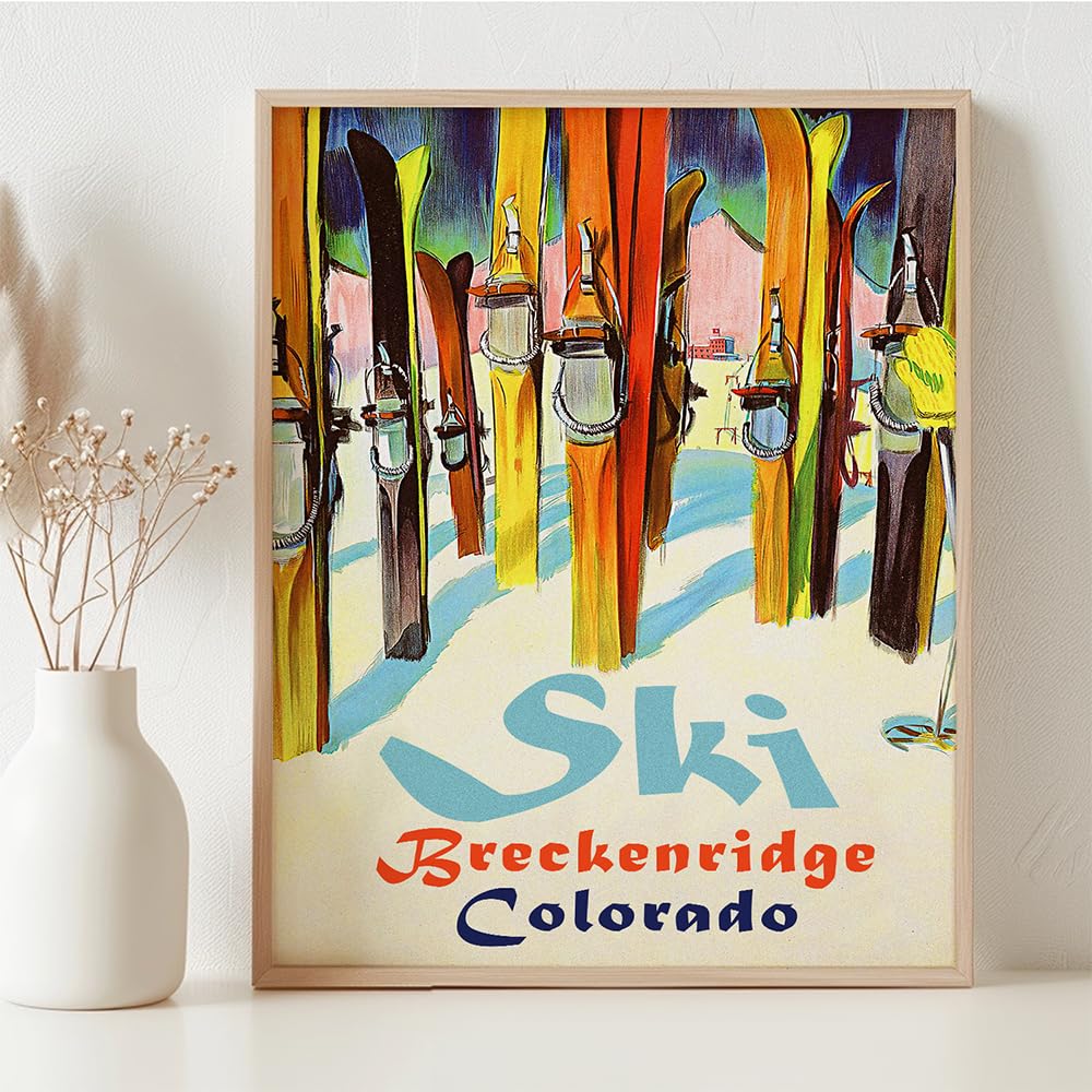 Personalized Ski Art Painting 11x14 Framed Poster – Retro Ski Resort Wall Decor, Lake Tahoe Chalet & Lodge Artwork, Mid-Century Sports Skiing, Rustic Wooden Skis & Snow Landscape