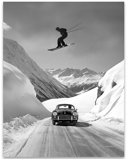 Skier Jumping Over Vintage Porsche Black and White Photography Art - Unique Wall Decor and Gift for Skiing and Car Lovers - Vintage Porsche Memorabilia (Unframed Print Poster, 11x14)