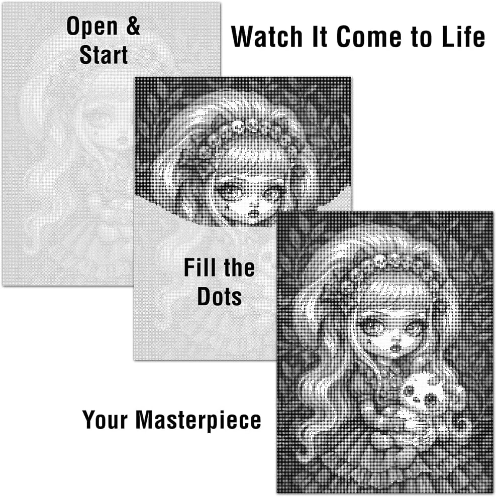 On The Dot Art - Painting Kit for Adults|The Little Monster Gothic Doll Girl 13x17 Canvas w/Dual Tip Marker|Relaxing Alternative to Diamond Painting|No Tiny Pcs No Mess Dark Aesthetic Frameable Gift