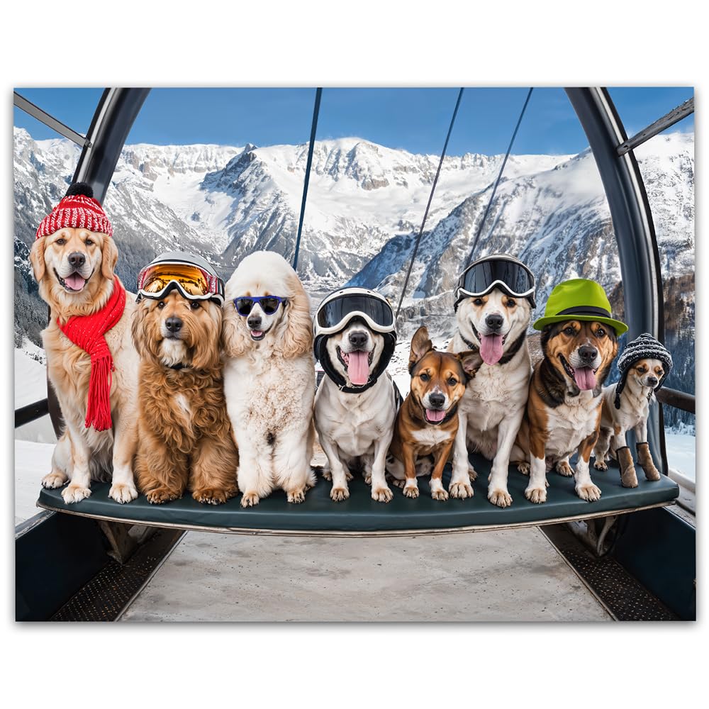 First Chair Ski Lift Dog 11x14 Framed Poster - Winter Dogs Art Print, Funny Skiing Dog Wall Art, Snowy Mountain Dog Decor, Cute Dog Group Poster, Skiing Adventure Dog Art, Dog Lovers Winter Wall Art