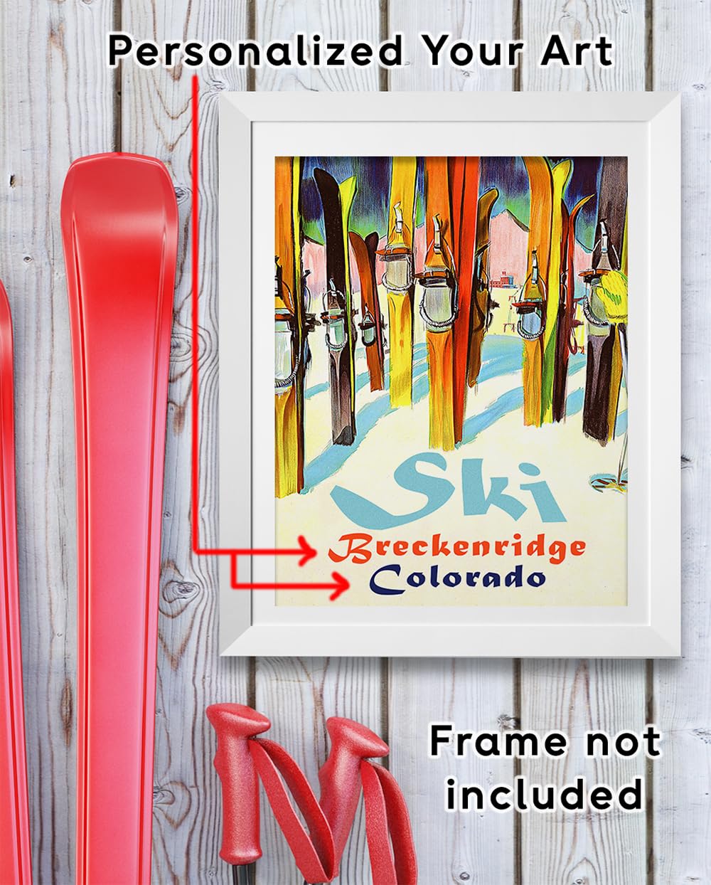 Personalized Ski Art Painting 11x14 Unframed Poster – Retro Ski Resort Wall Decor, Lake Tahoe Chalet & Lodge Artwork, Mid-Century Sports Skiing, Rustic Wooden Skis & Snow Landscape